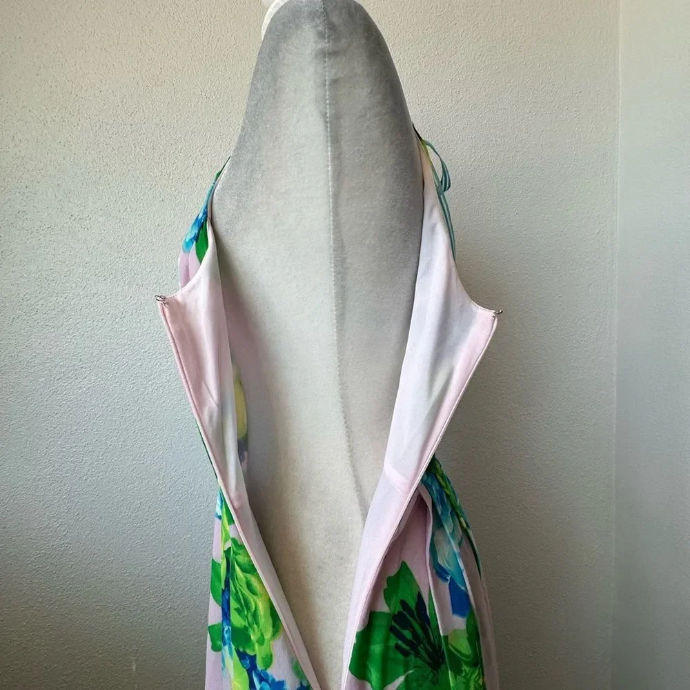 Antropologie Eva Franco Floral Pink Dress Halter Top Keyhole Rare Romantic SZ S